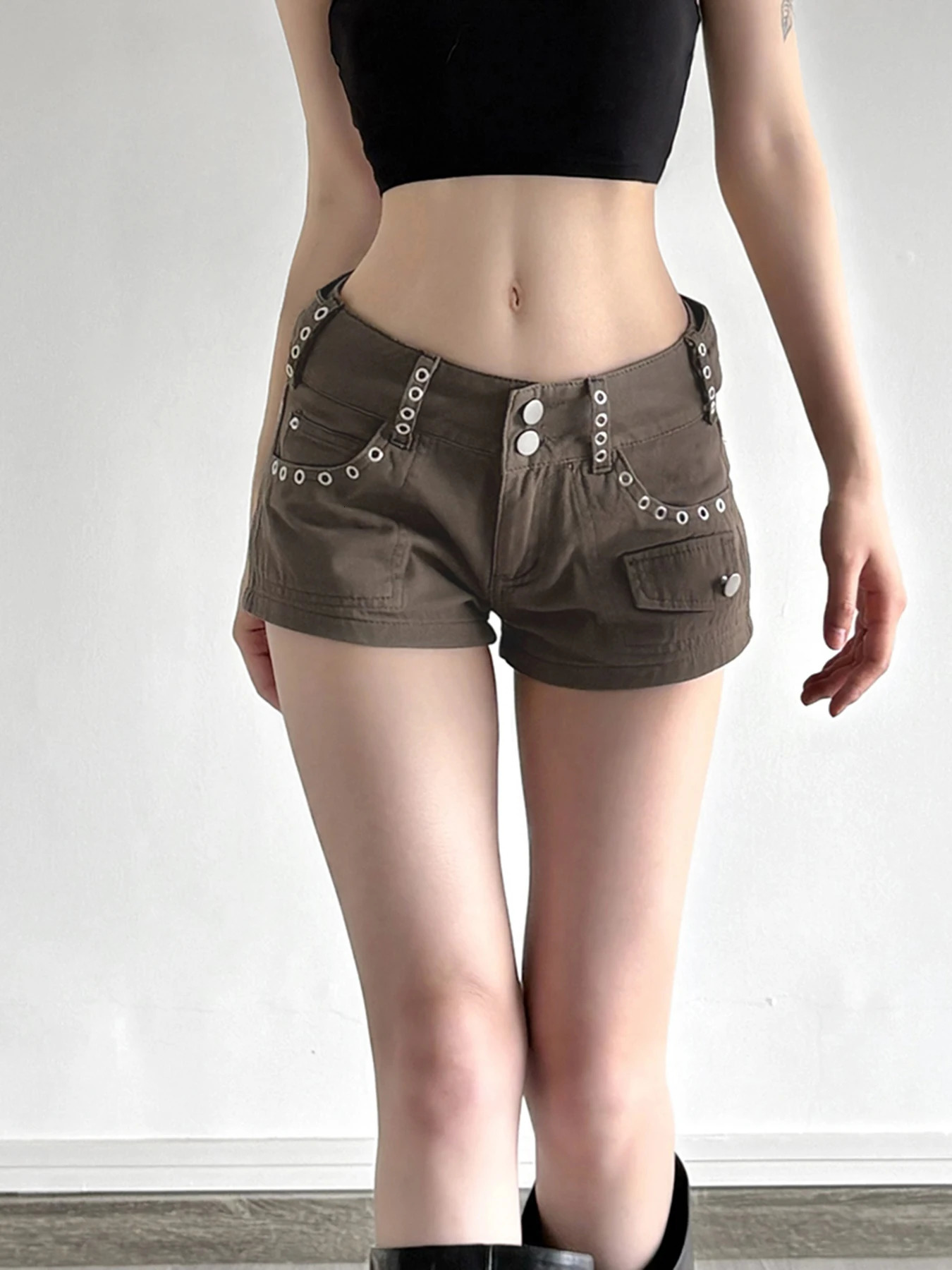 Fashion Simple Solid Metal Slim Fit Femmes Jean Sencari SAFARI Tie Low Taist Chic Pantalons courts 250614