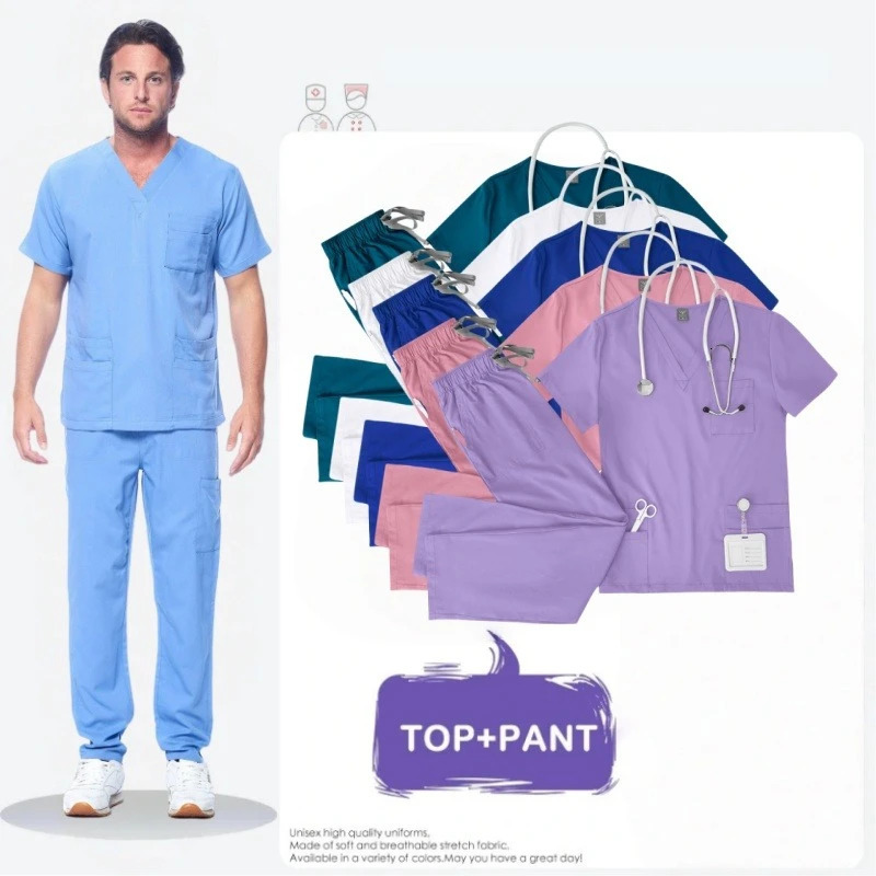 Mens and Womens Solid Color V-neck Work Uniforms Brush Hands Doctors and Nurses Hand Washing Work Uniforms 250614