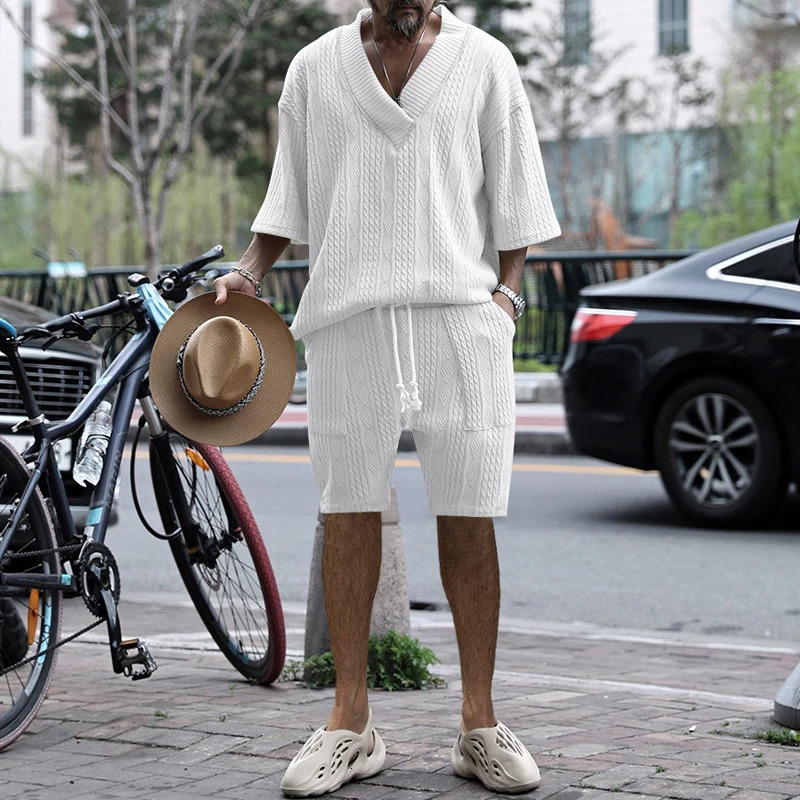 Mens Solid Color Casual Loose V Neck Half-Sleeved T-Shirt and Shorts Two-Piece Set Fashionable Summer Mens Suit Comfortable and Trendy Street Sty