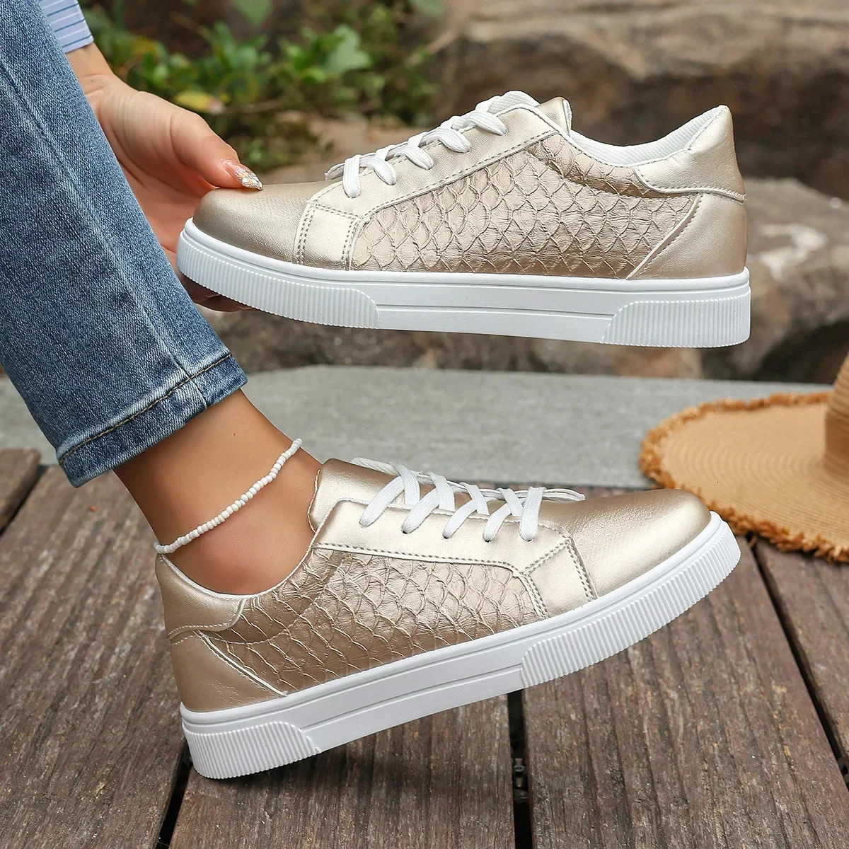 Plus Size 42 Women Gold Sneakers Spring Autumn Women Fashion Lace-up Soft PU Leather Board Shoes Ladies Casual Shoes 250614