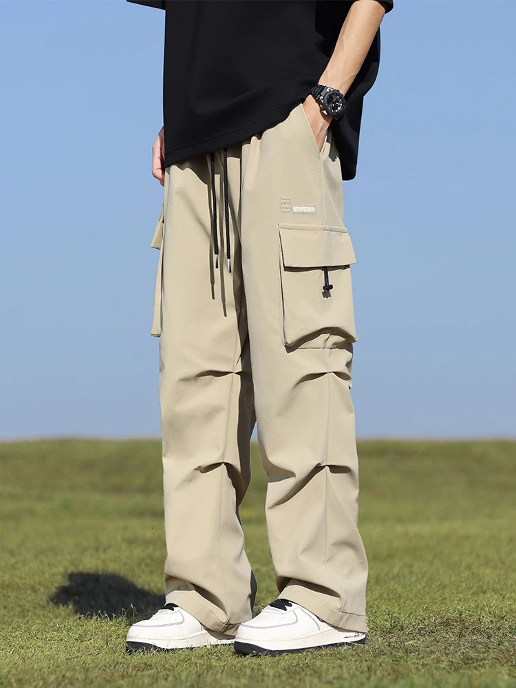 Summer Cargo Pants Men Lightweight Nylon Spandex Ice Silk Cooling Sweatpants Wide Leg Loose Fit Straight Trousers Big Size 8XL 250616