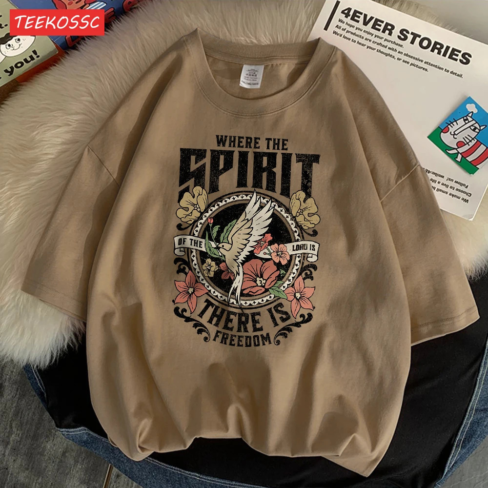 Where The Spirit There Is Freedom Printed MenS T-shirt Cartoon Art Tees Cotton T Shirt Retro Loose Short Sleeved 250614
