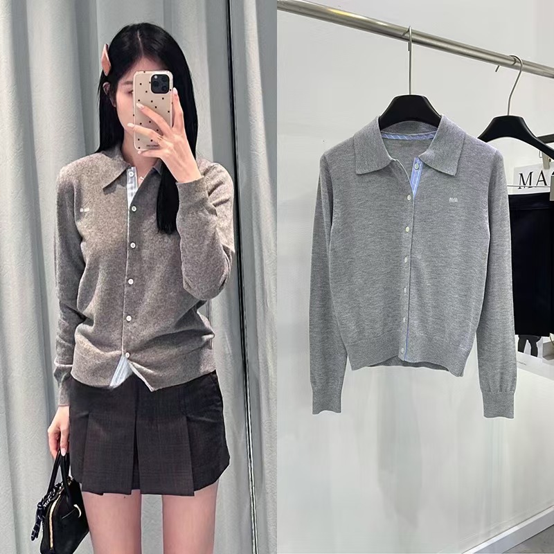 mi letter series new collar wool knitted cardigan high version elegant checkered patch jacket