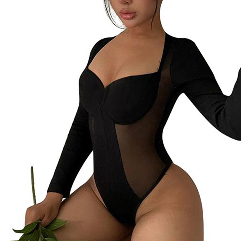 Women Sexy Jumpsuits Rompers Long Sleeves Onesies Mesh See Through Jumpsuit Bodysuit Top Leotard
