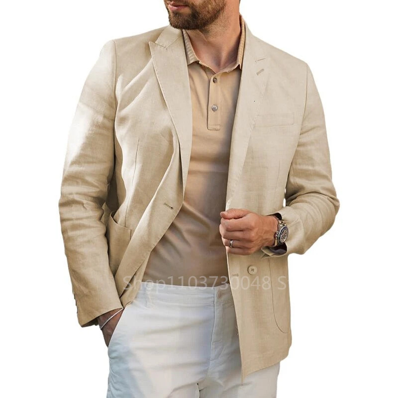 Summer Men Beige/Blue Linen Blazer Casual Single Breasted Dinner Party Jacket Slim Fit Wedding Business Suit Beach Coat Only One 250616