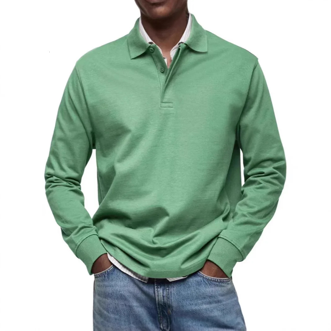 Spring Autumn Long Sleeve Polo Shirts Men Solid Casual Daily Turn Down Collar Pull On Polos Male AntiShrink Tees Tops 250618