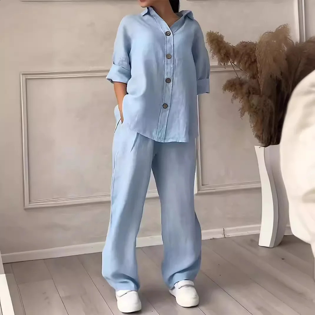 Women Plus Size Cotton Linen Set Button-down Long-sleeve Shirt Wide-leg Pants 2-piece Suit Casual Trousers Street Outfit Autumn 250617