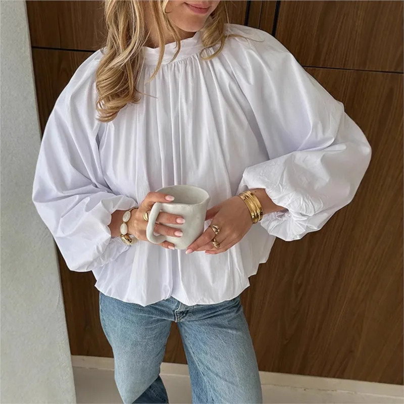 Womens White Casual Shirt Back Slit Lace-up Cutout O-Neck Puff Sleeve Shirt Summer Fashion Womens Streetwear 250616