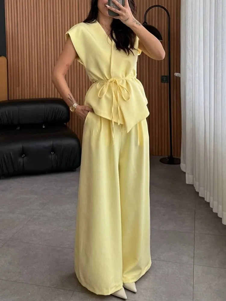 Solid Sleeveless V-neck Lace Up Vest Set Womens High Waist Straight Wide Leg Long Pants Suit Summer Lady Commute Outfit 250614