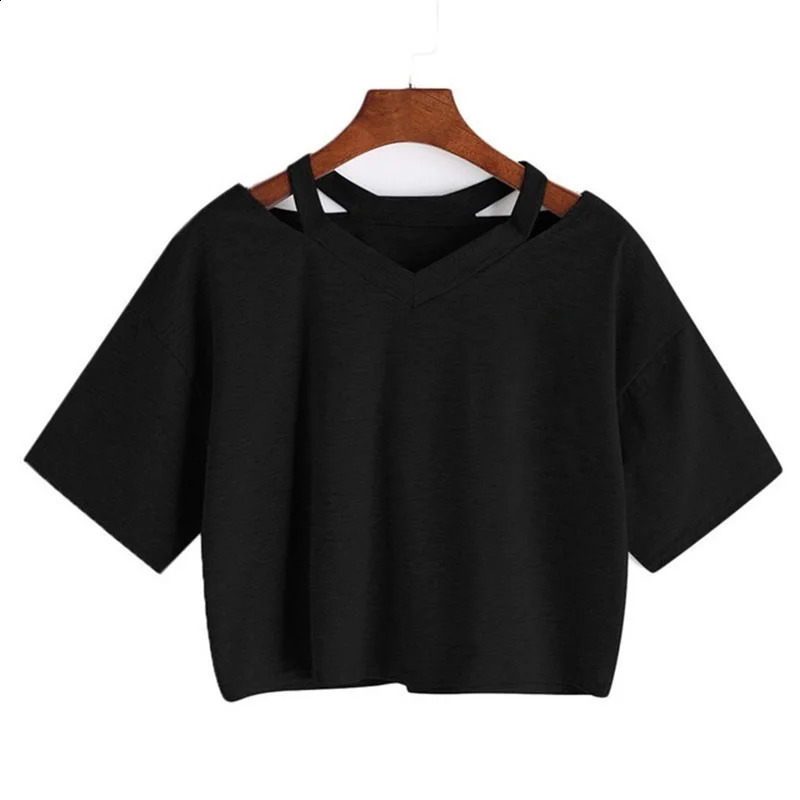 European and American solid color Off shoulder hollow sexy solid color T-shirt V-neck womens short sleeved loose womens top 250614