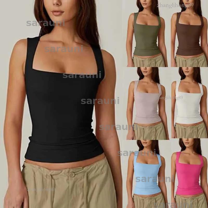 2025 Designer New Summer Womens Square Neck Sleeveless Double Layer Tank Top Classic Solid Color Versatile Basic Tight Tshirt