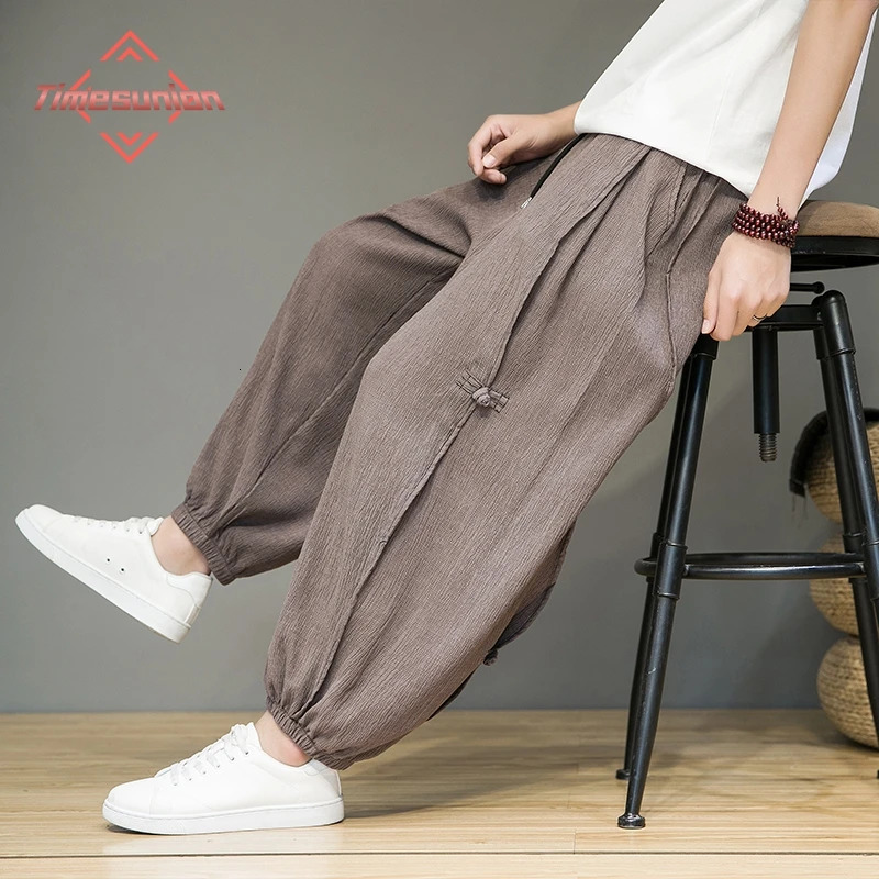 Thin Mens Summer Harem Pants Disc Buckle Ice Silk Breathable Loose Straight Leg Pants 5XL Elastic Waist Black Trousers250616