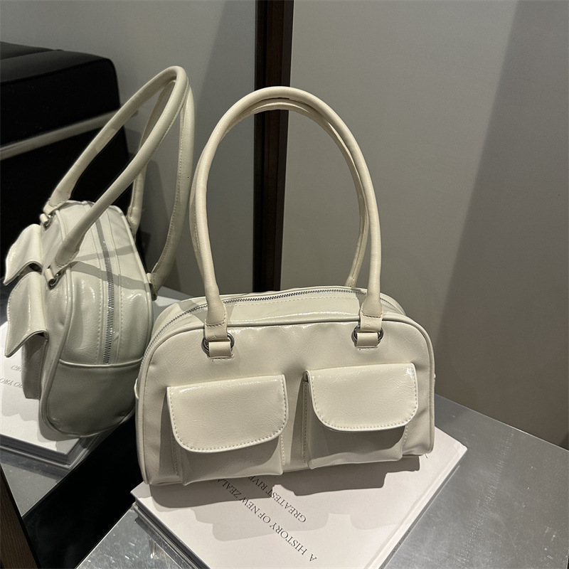 Women Retro Patent Leather Bowling Shoulder Bag, Vintage Double Front Pocket Underarm Handbag, Minimalist Curved Top Handle Tote Bag for Daily Commu