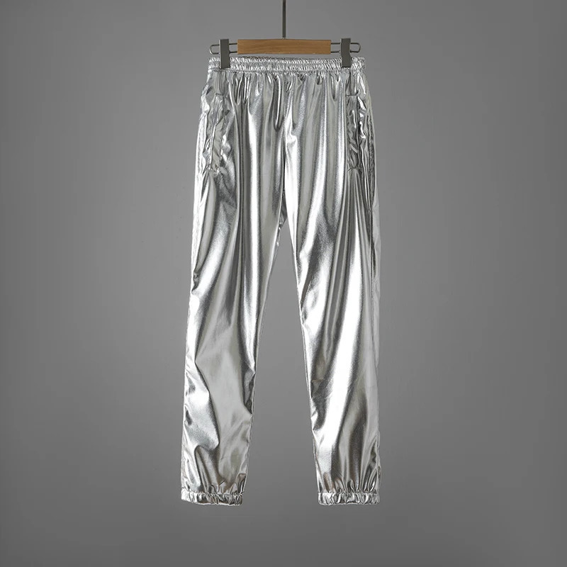 Mens Shiny Silver Metallic Jogger Sweatpants Hip Hop Wet Look Trousers Men Party Festival Prom Pants Nightclub Stage Costume250616