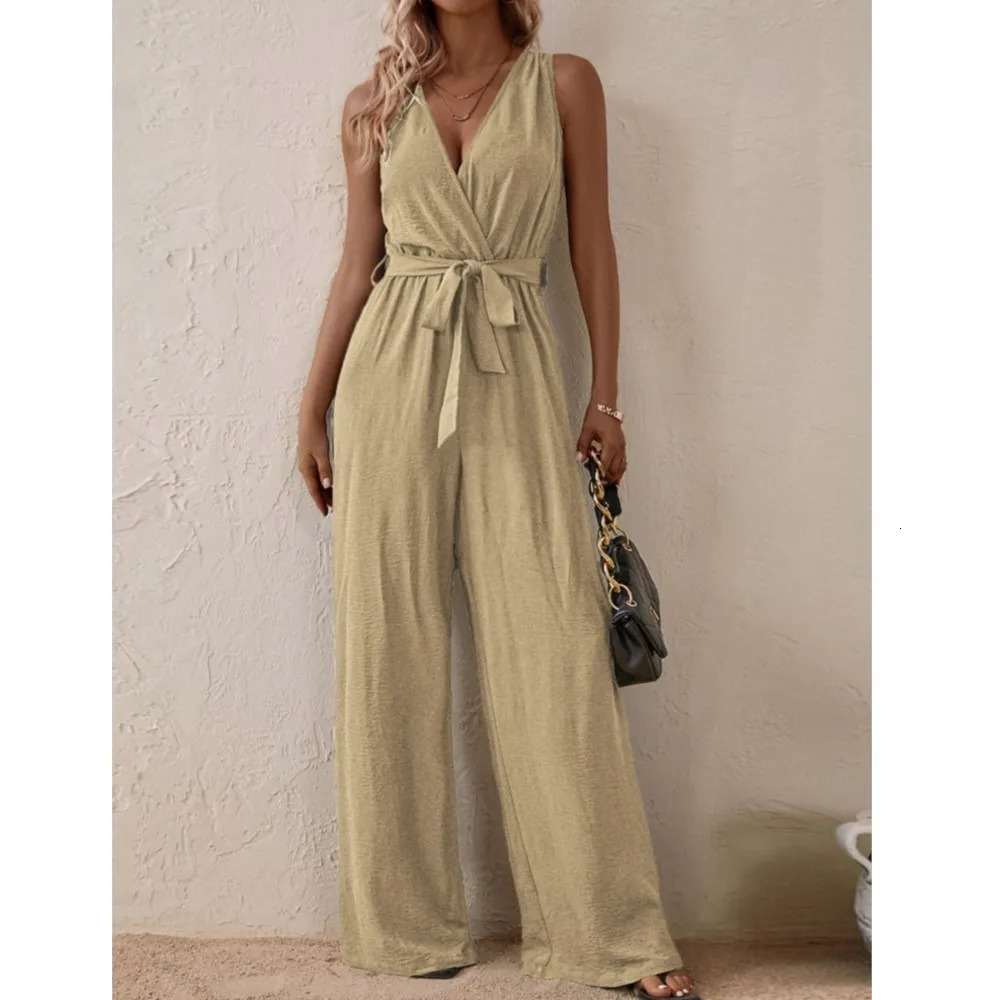 Casual Fashionable Sexy Slim Deep V-neck Sleeveless Women Wide-leg Jumpsuit Spring Summer Solid Color Female Jumpsuit 250614