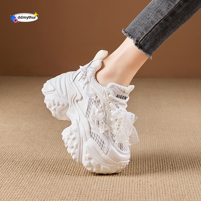 Dad Sneakers 2025 Spring Summer New Mesh Breathable Casual Versatile 10CM Thick Sole Hidden Heel Women's Shoes ddmythur
