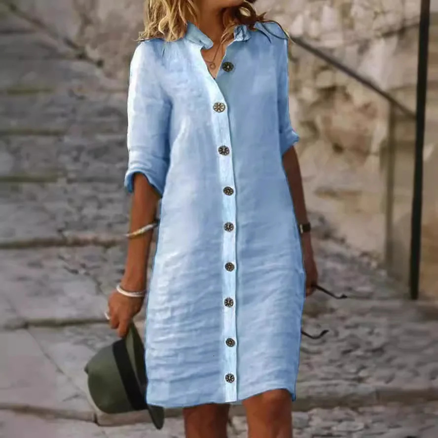 Women Mini Shirt Dress Summer Fashion Cotton Linen White Ladies Casual Holiday y250618