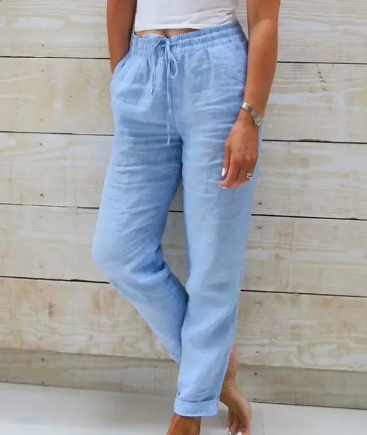 Womens High Waist Solid Color Cotton Linen Casual Pants Fashion Summer Female Holiday Casual Long Pant 250614