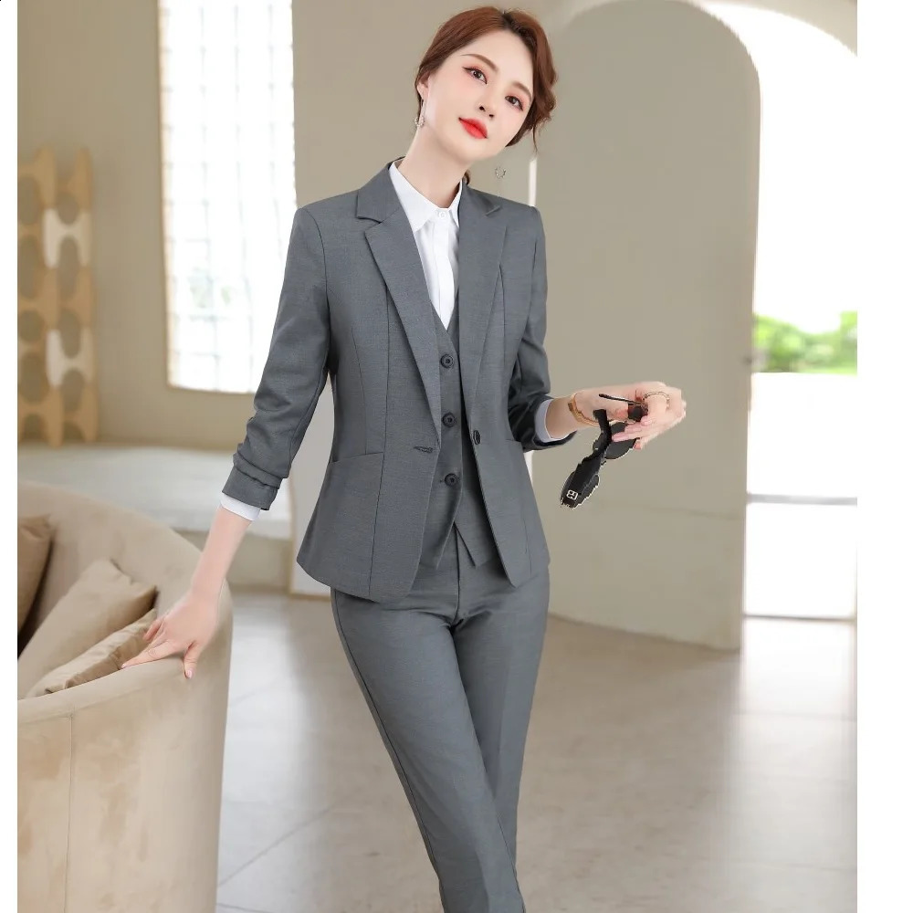 Pantes combinaisons gris formels costumes de commerce 3 pièces pantalon et blazer sets de bureau de travail de travail uniforme de travail 250617