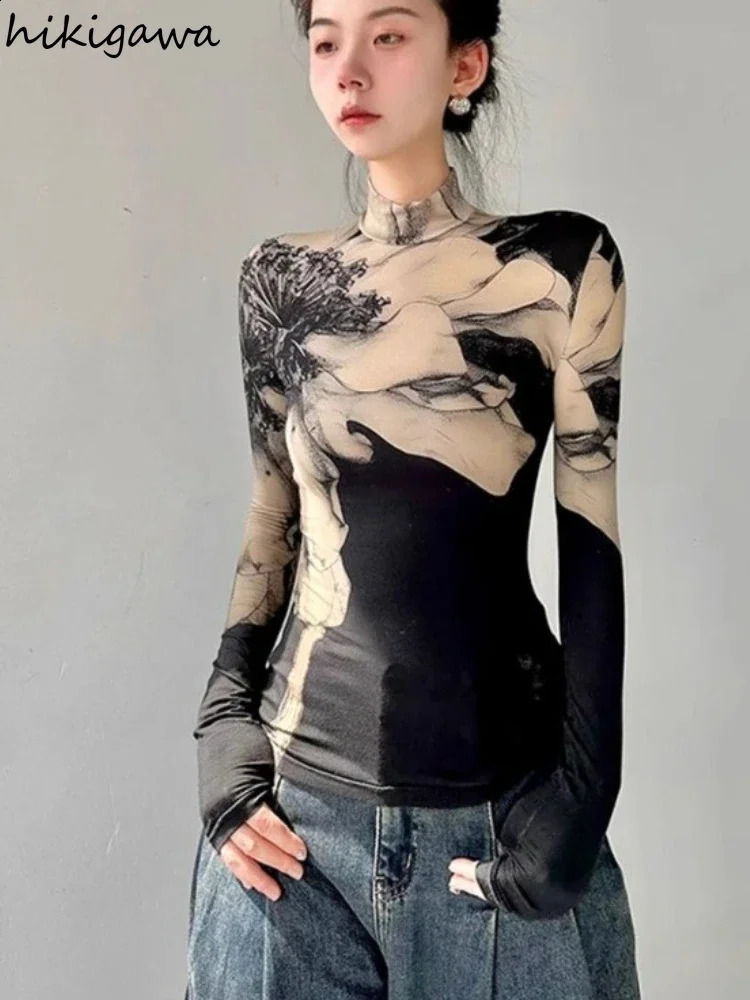 T-shirts vintage pour les femmes à col roulé à manches longues tuniques coréens t-shirts imprimer les tshirts crop tops ropa mujer 250617