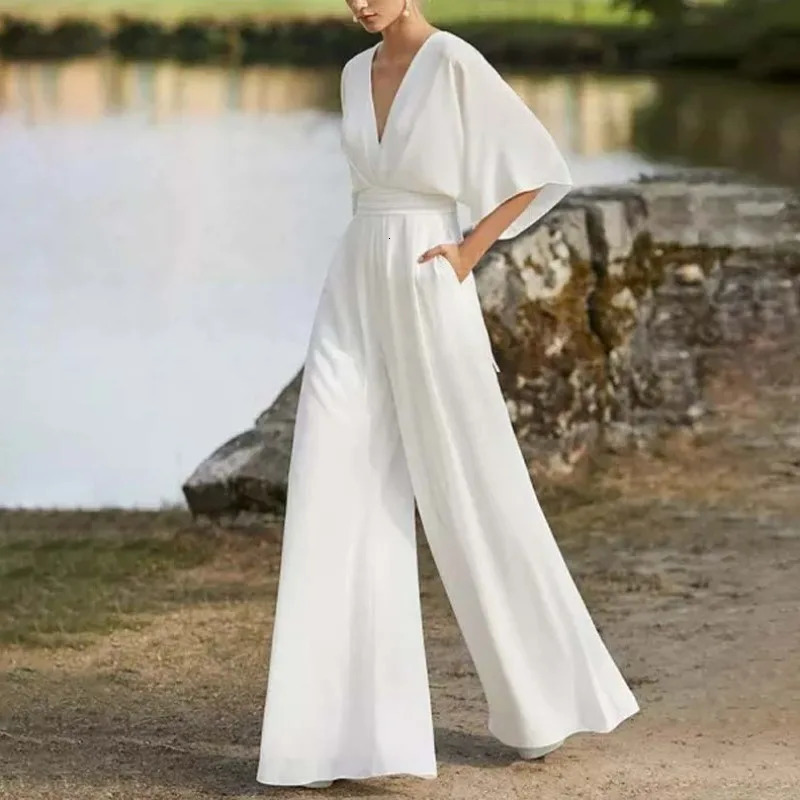 Spring Summer Solid Color Fashion Jumpsuit Slant Mid-Waist Jumpsuits Playsuits Pants V Neck Half Sleeve 250614