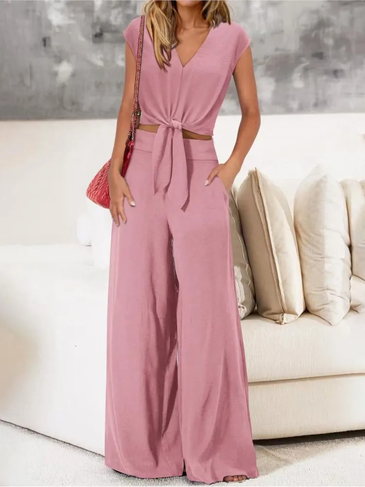 Womens Summer Comfortable Casual Simple Solid Color Two-piece Set Fashion Sleeveless V-neck Strap Short Top Wide-leg Pants Sets 250614