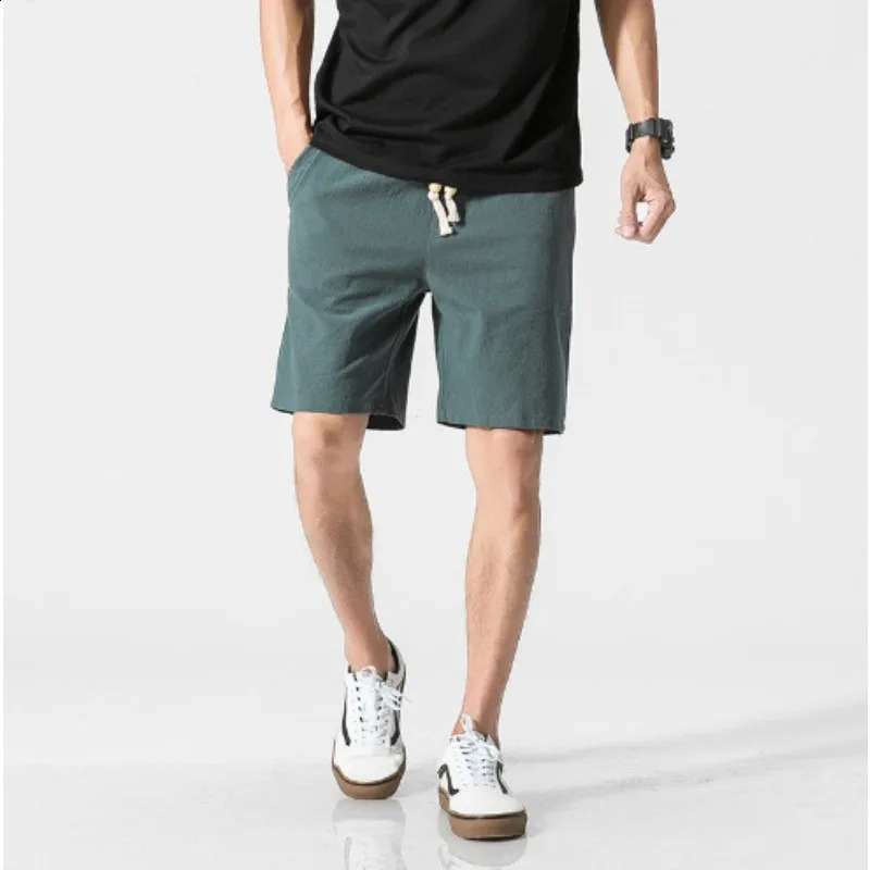 Mens Casual Shorts Summer Cotton Linen Breathable Loose Fit Retro Trendy Knee Length Short Pants 250614