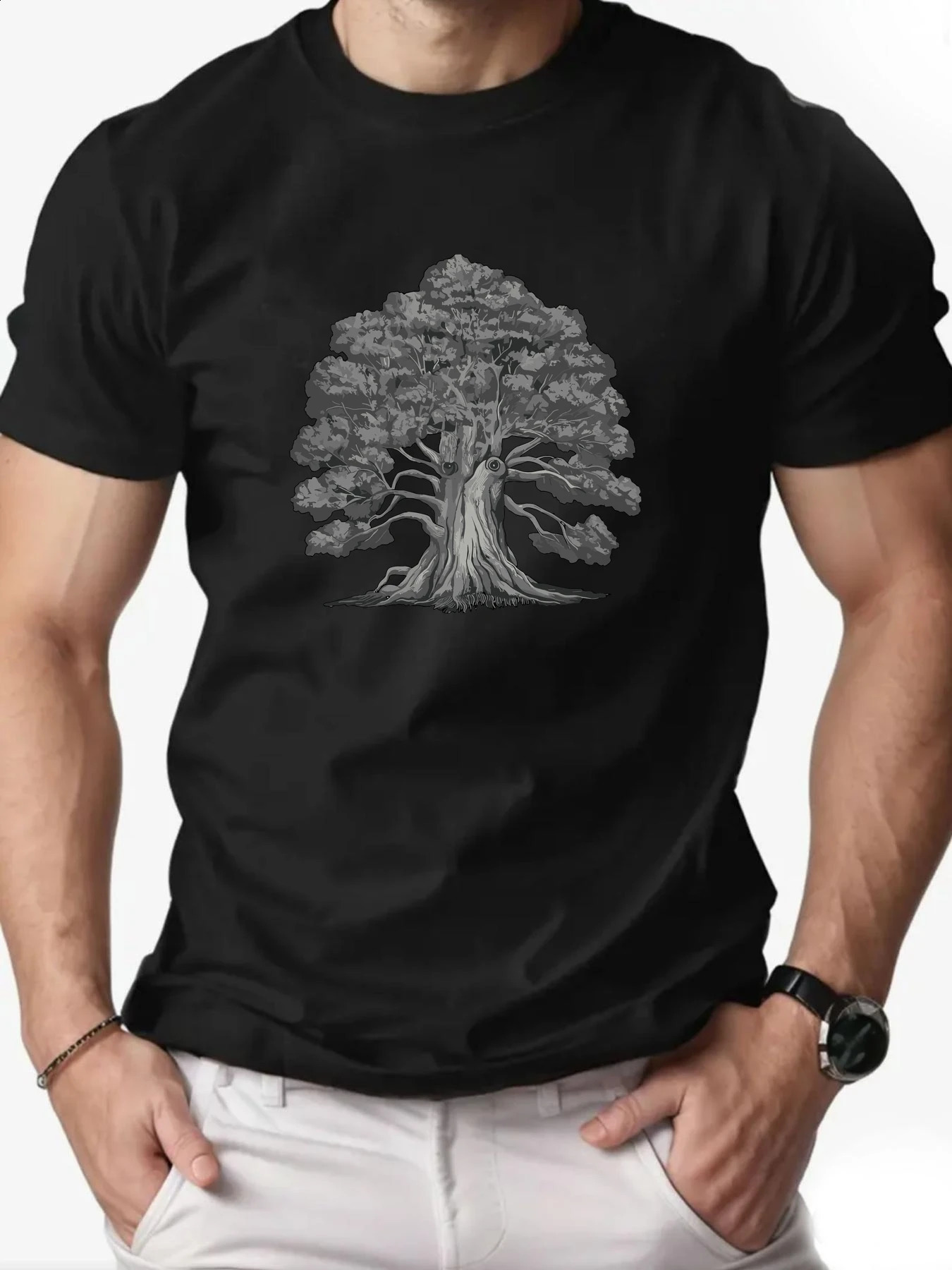 Mens T-Shirt Tree Print 100% Cotton Round Neck Tee Fashion Casual Streetwear Breathable Sportswear High Quality Clothing 250614