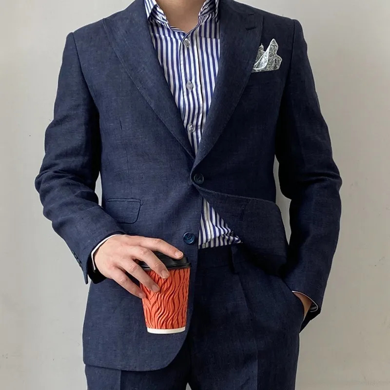 Fat Man Plus Size Mens Navy Blue Linen Suit British Gentleman Versatile Slim Mens Suit Top Trendy Casual Business 250616