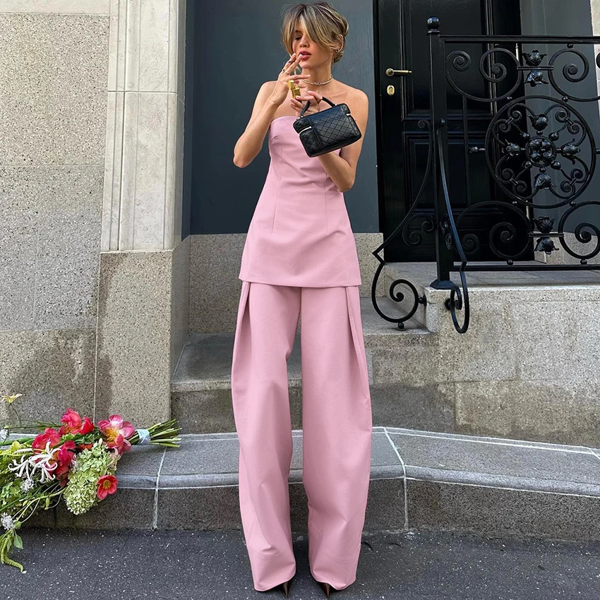 Linad Street Off The Shoulder Vest With Loose Trousers 2 Piece Sets Summer Sleeveless Tank Top Elegant Pink Outfits Women 250614