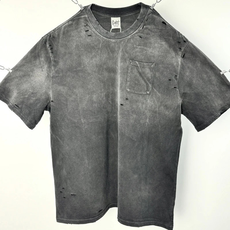 Mens Washed Vintage BASIC STYLE Saint Hole T-Shirts Street Hip Hop Retro Punk T-Shirts Harajuku Casual Cotton Short Sleeve Tops 250614
