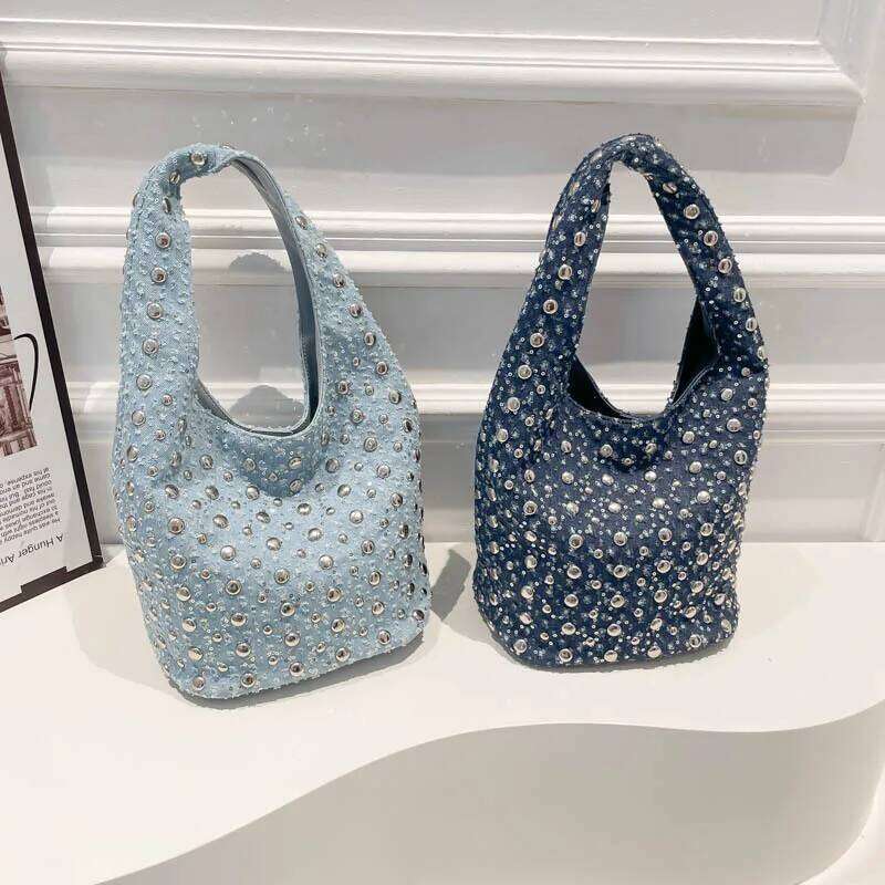Hot Selling Denim New Korean Version Fashion Rivet Shoulder Women's Casual Hand Bucket Bag Tide Designer Bags