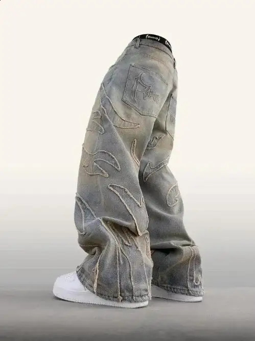 Jeans Y2K Mens Womens Retro Hip Hop Distressed Embroidered Baggy Jeans Black Pants Rock High Waist Wide Leg Trousers 250614