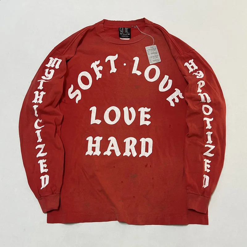 Washed SAINT Round Neck Red Oversized T Shirt Retro Hole Harajuku Street Men Autumn and Winter Long Sleeve Tee 250614