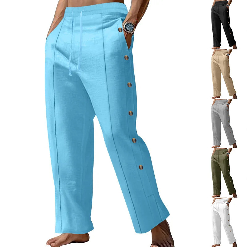 2025 Mens Linen Long Pants Spring Autumn Drawstring Vertical Button Breathable Comfortable Loose Straight Beach Casual Pants250616