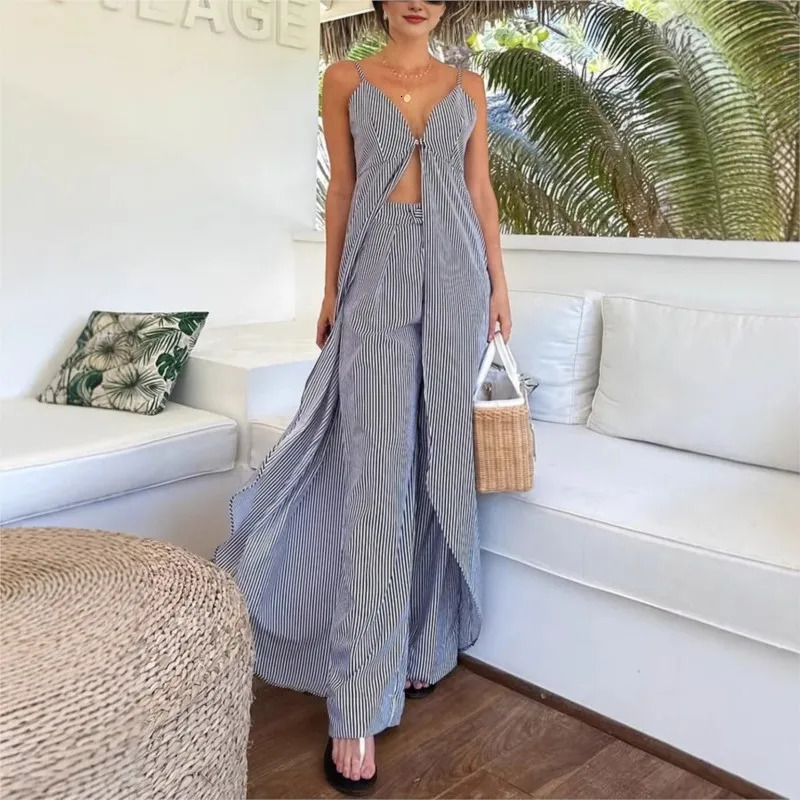 Summer Womens Casual Suit Fashionable Striped Print V-neck Suspender Hollowed Out Super Long Top/loose Wide-leg Pants 250614