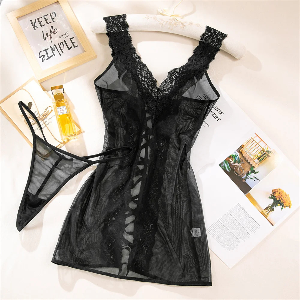 Krasapt Sexy Lace Sheer Nightdress Two Piece Sets Fancy Mesh Patchwork Bandage Dresses And Thongs Erotic Suits Sex Costumes 250618