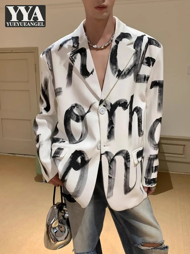 Fashion Graffiti Pattern Mens Suit Jacket Single Breasted Loose Fit Long Sleeve High Street Causal Blazers Coat Male 250616