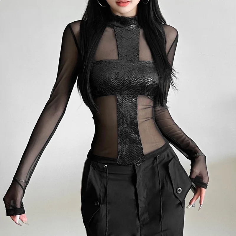 Y2k Aesthetic Cross Patchwork Gauze Shirts Streetwear Sexy Gothic Crop Tees Femme Harajuku Grunge See Through Womens T-shirt 250617