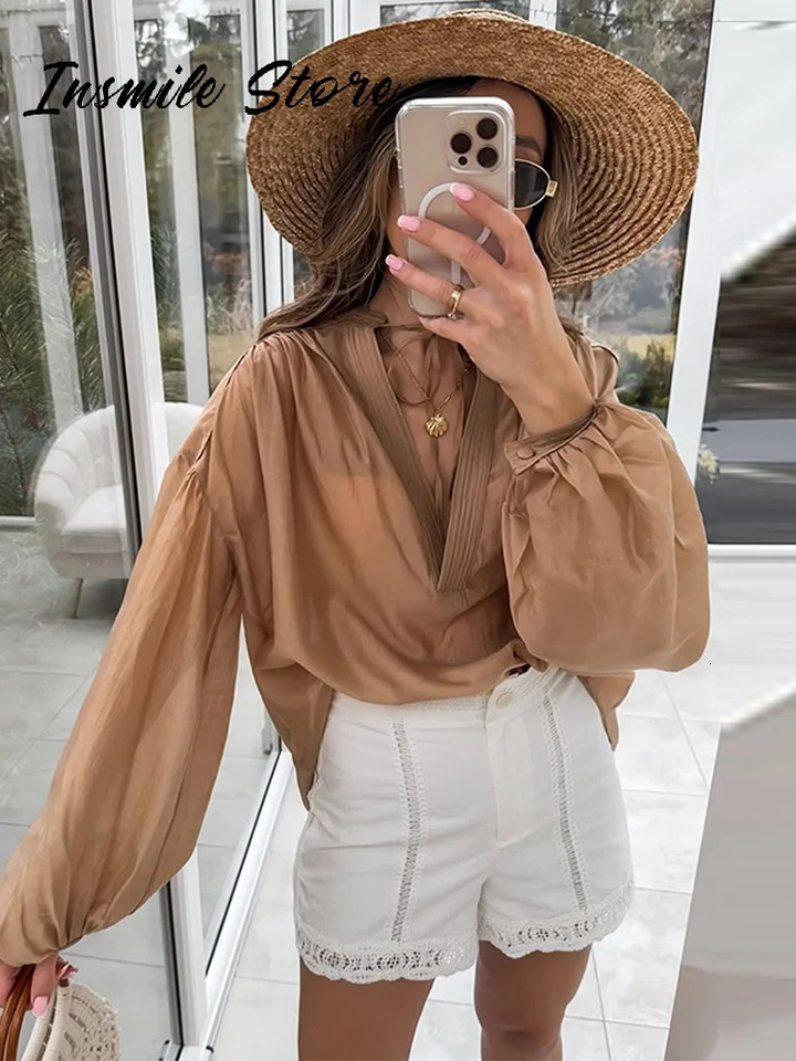 Casual Solid Lace Up Women Blouse V-neck Lantern Sleeve Hollow Out Loose Female Shirts Spring Summer Fashion Lady Top 250616