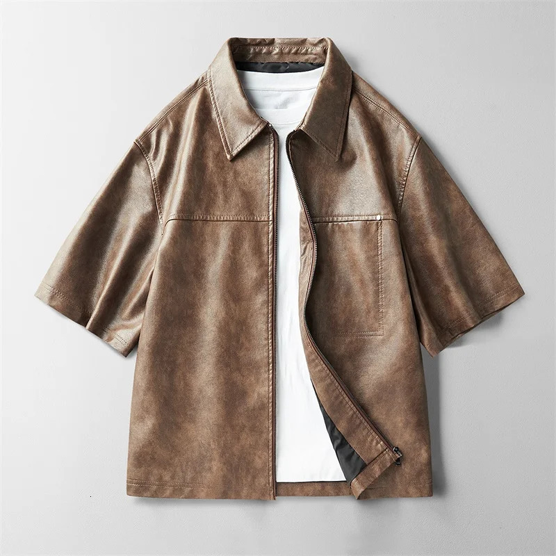 Mens Short Sleeved PU Leather Jacket Shibuya Trendy Korean Style Windbreaker Jackets 250617