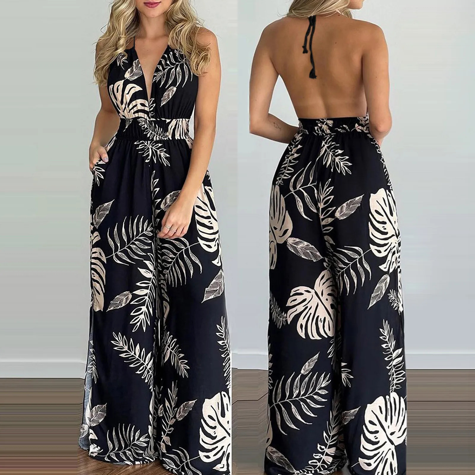 Summer Boho Casual Romper Womens Sexy Backless Slit Floral Print Beach Party Long Overall Womens Deep V Neck Sexy Jumpsuits 250614