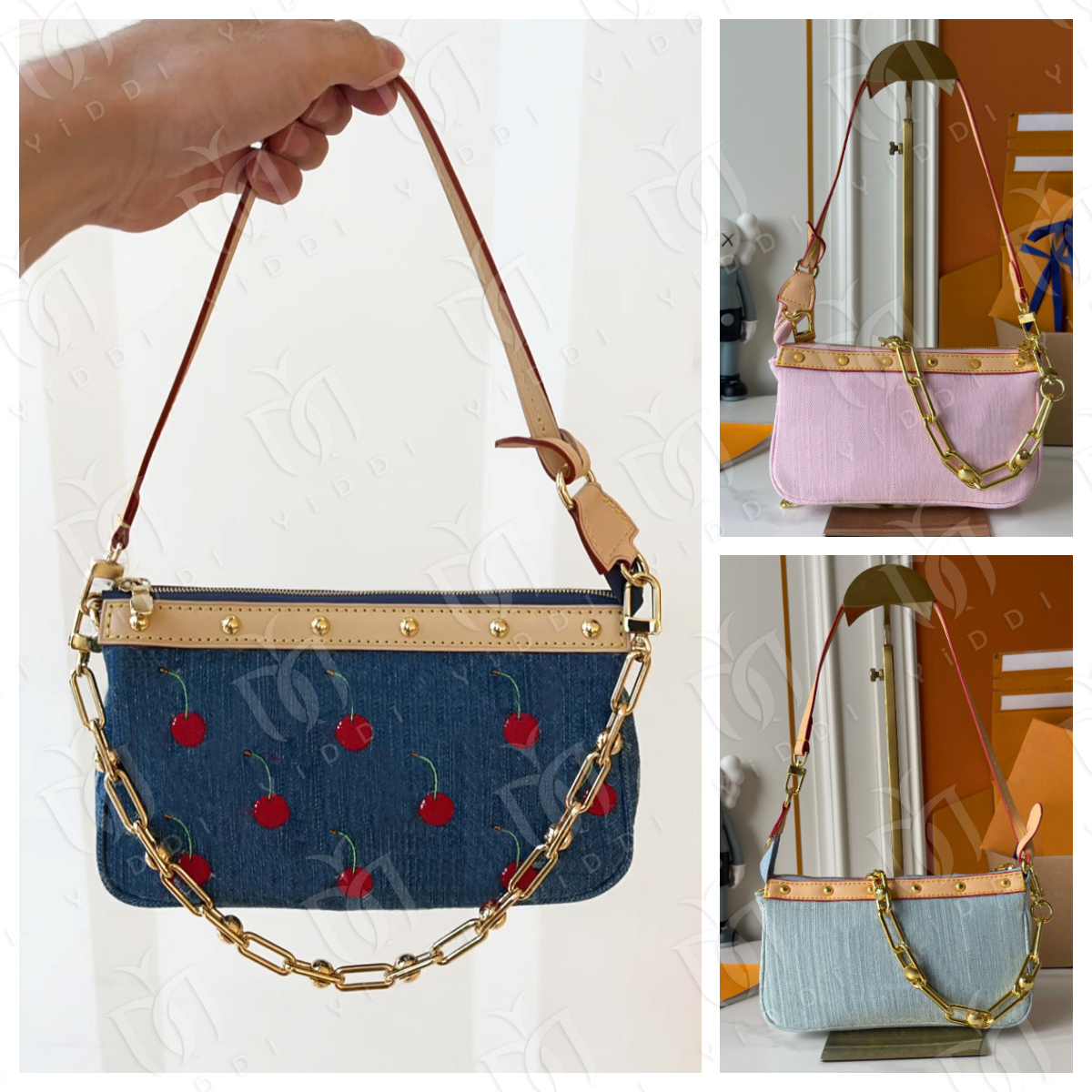 New Retro Fashion mini pochette denim bag Designer bag Cherry denim pochette shoulder bag Underarm bag Denim cherry bag Luxury clutch Chain handbag
