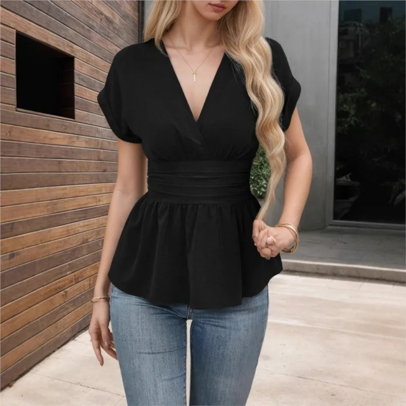 Summer Solid Color Pullover Women Shirt V-Neck Slim Waisted Office Tops Elegant Lady Casual Blouse 250616
