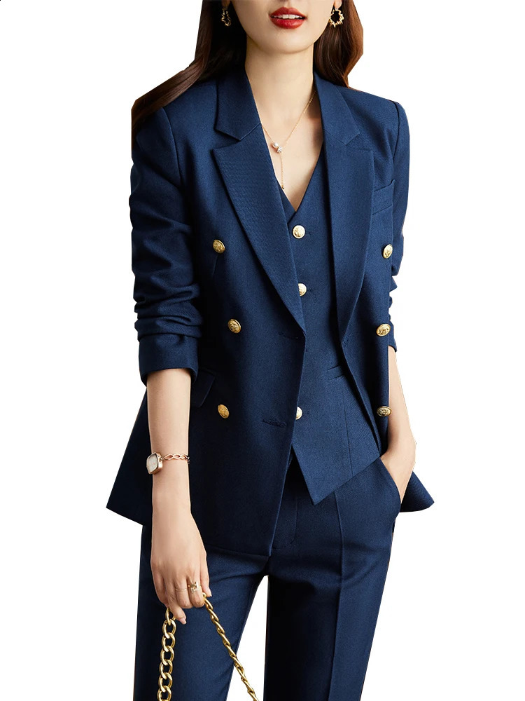 Autumn Winter Women Vest Blazer and Pant Suit Orange Navy Khaki Office Ladies Formal Business Work Career Wear 3 Pieces Set 250617