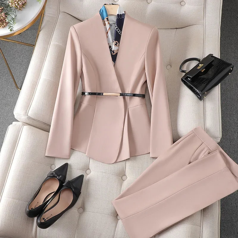 Spring Autumn V-Neck Suit Womens Elegant High-End Beauty Salon Front Desk Hostess Workwear Pants Set 250617