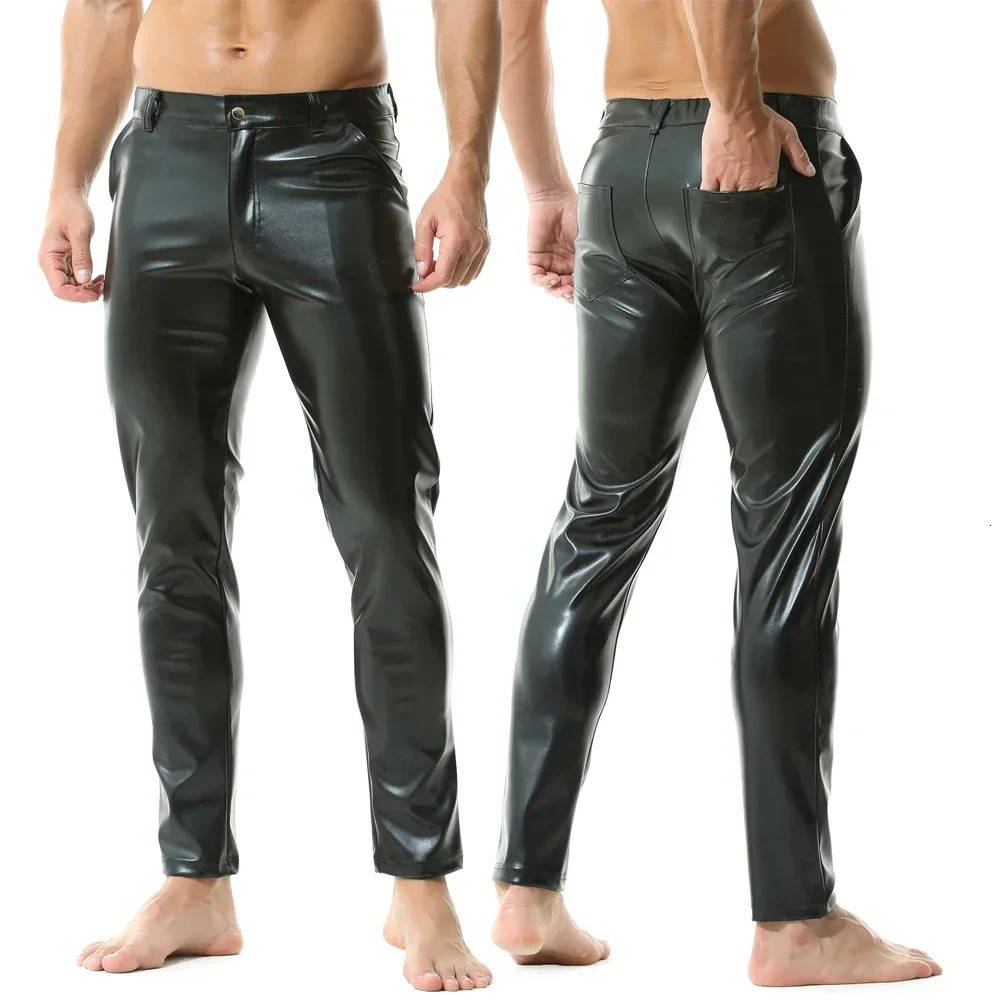 Mens Casual Zipper Faux Leather Pants Men Streetwear Nightclub Straight Trousers With Pockets Male Motorcycle Stage Short Pants250616