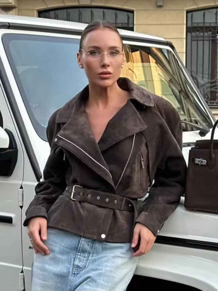 Belts Vintage Womens Suede Jacket Coat Chic Zipper Lapel Long Sleeve Motorcycle Outwear 2025 Spring Street Chic Lady Top Coats 250617