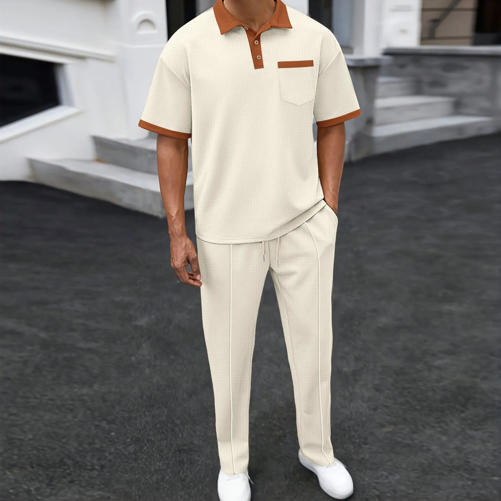 Mens Two-piece Sportswear Short-sleeved T-shirt and Long Pants set Casual Business Sportswear Summer Fashion Two-piece Set 250614