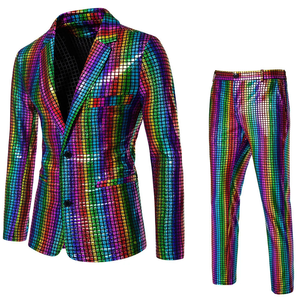 Fashion Mens 70s Disco Outfit Rainbow Suit Metallic Sequin Jacket and Pants Halloween Party Costume Stage Nightclub Shiny Set250616